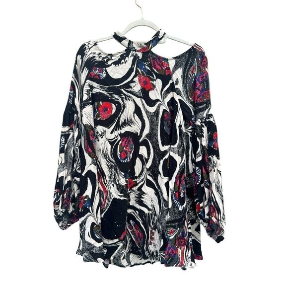 Free People Sz XS Drift Away Cold Shoulder Printed Bohemian Tunic Dress hippie - Picture 2 of 6